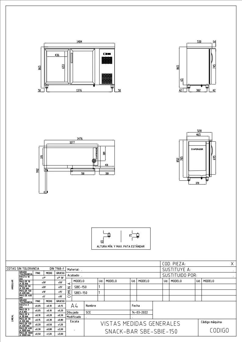 Table réfrigérée de bar Coreco PROFI 2/0G en acier inoxydable avec 2 portes vitrées