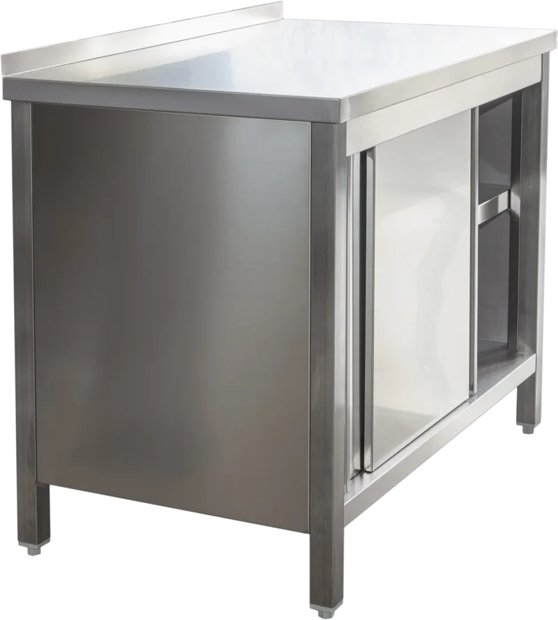 Armoire de travail professionnelle en inox avec portes coulissantes et dosseret - 1400 x 600 mm