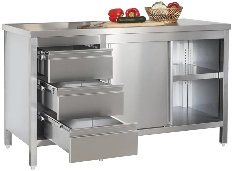 Armoire de travail professionnelle en inox avec portes coulissantes et 3 tiroirs 1600 x 600 x 850 mm