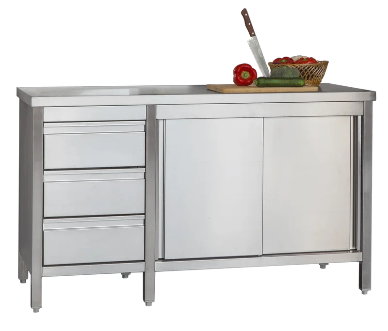 Armoire de travail professionnelle en inox avec portes battantes et 3 tiroirs 1200 x 700 x 850 mm
