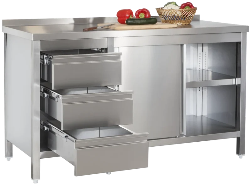 Armoire de travail professionnelle en inox avec portes coulissantes - dosseret et 3 tiroirs 1800 x 600 x 850 mm