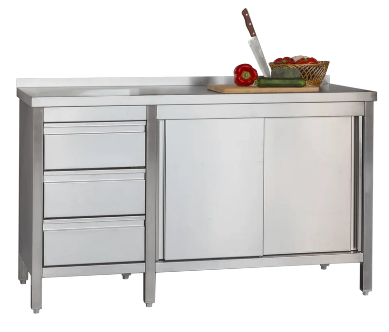 Armoire de travail professionnelle en inox avec portes battantes - dosseret et 3 tiroirs 1000 x 700 x 850 mm