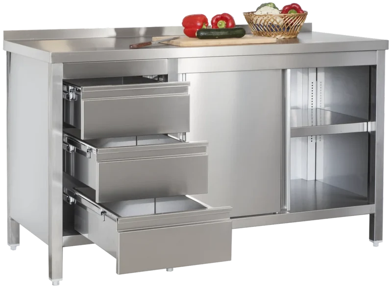 Armoire de travail professionnelle en inox avec portes coulissantes - dosseret et 3 tiroirs 1600 x 700 x 850 mm