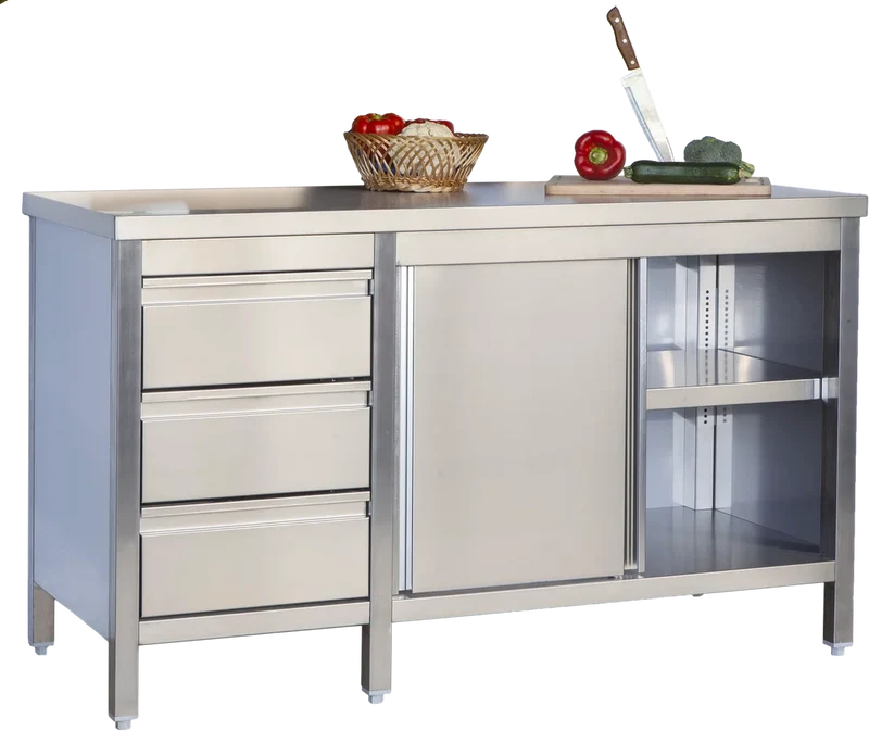 Armoire de travail professionnelle en inox avec portes coulissantes et 3 tiroirs 1600 x 700 x 850 mm