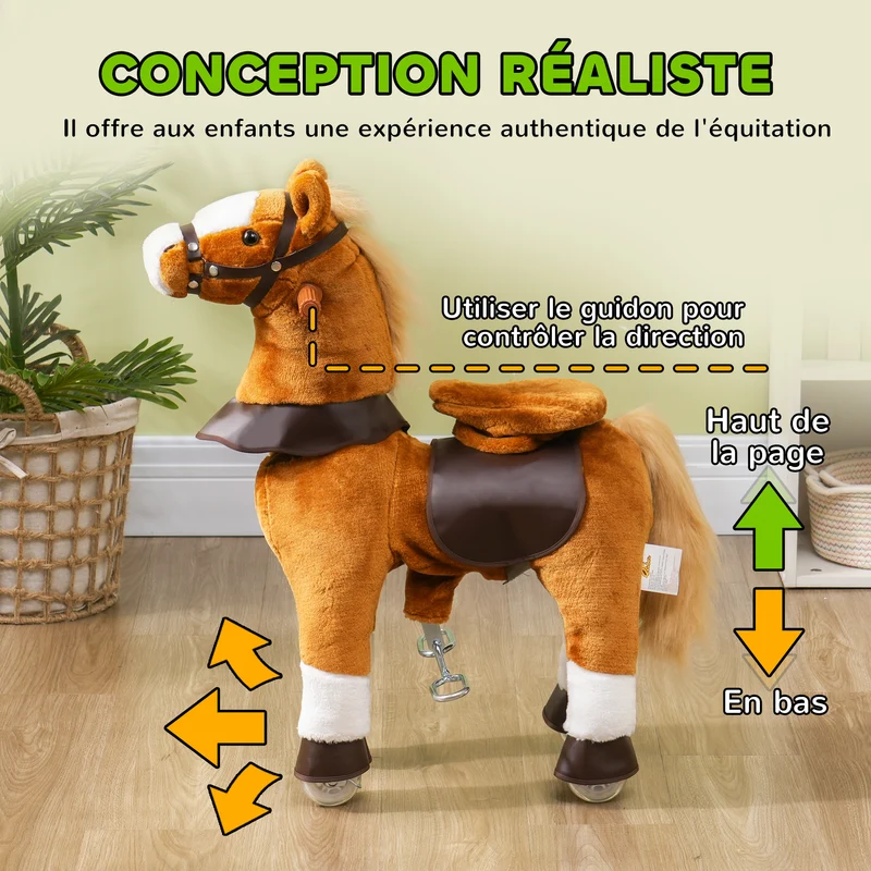 Cheval à monter pour enfant 70 x 28 x 70 cm assise 50 cm siège rembourré sons réalistes tendance en polyester marron 21_0000285