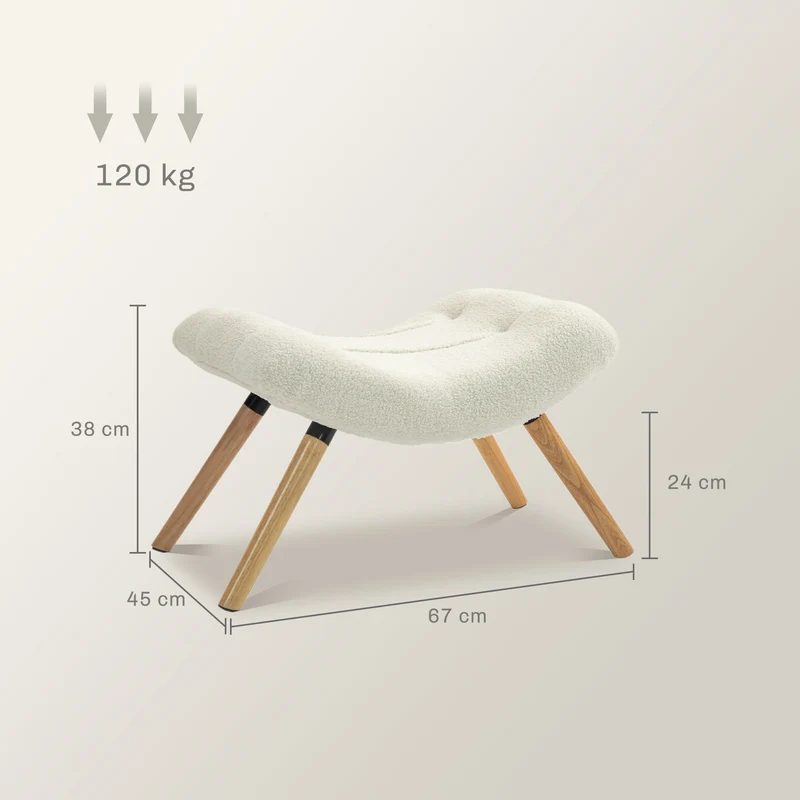 Repose-pieds moderne courbé rembourré polyvalent salon chambre 60,5 x 45 x 38 cm confort assise scandinave en bois crème 21_0002950