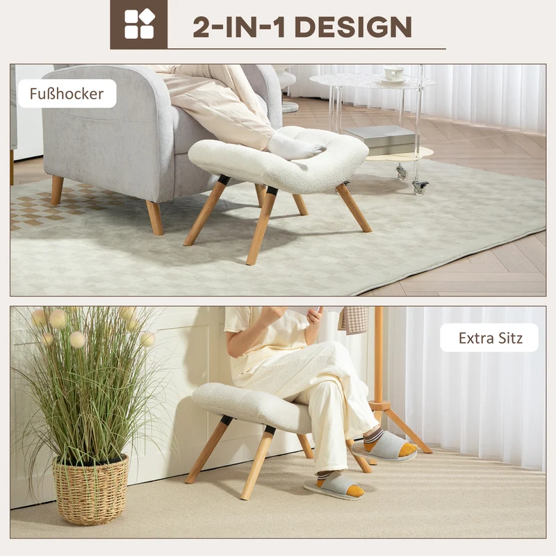 Repose-pieds moderne courbé rembourré polyvalent salon chambre 60,5 x 45 x 38 cm confort assise scandinave en bois crème 21_0002950