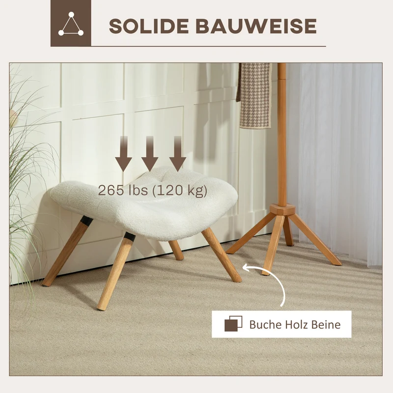 Repose-pieds moderne courbé rembourré polyvalent salon chambre 60,5 x 45 x 38 cm confort assise scandinave en bois crème 21_0002950