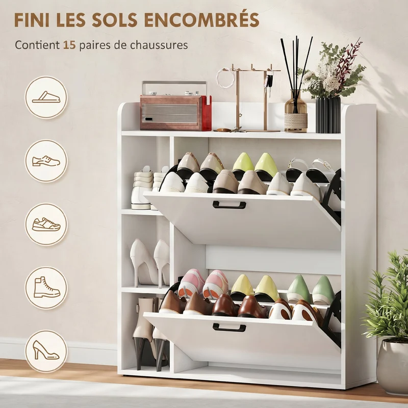 Meuble à chaussures entrée 83 x 24 x 90 cm 15 paires profil fin à tiroirs style moderne en panneau de particules blanc 21_0002790