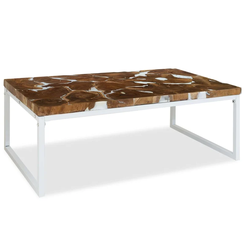 Table basse design rustique 110 x 60 x 40 cm teck véritable avec remplissage de résine acier blanc DEC040181