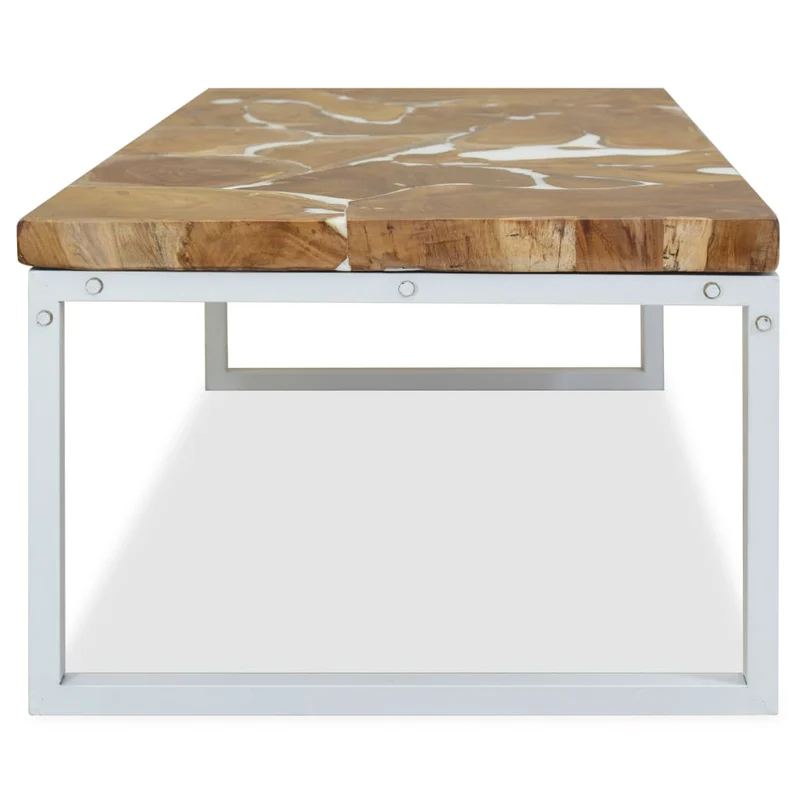 Table basse design rustique 110 x 60 x 40 cm teck véritable avec remplissage de résine acier blanc DEC040181