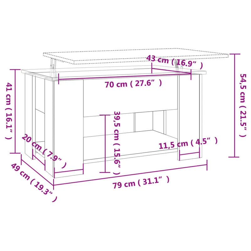 Table basse avec plateau relevable 79 x 49 x 41 cm bois d'ingénierie gris DEC040085