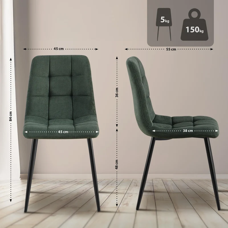 Lot de 2 chaises de salle à manger rembourrées en velours côtelé vert surpiqûres décoratives et métal noir 10_0007454