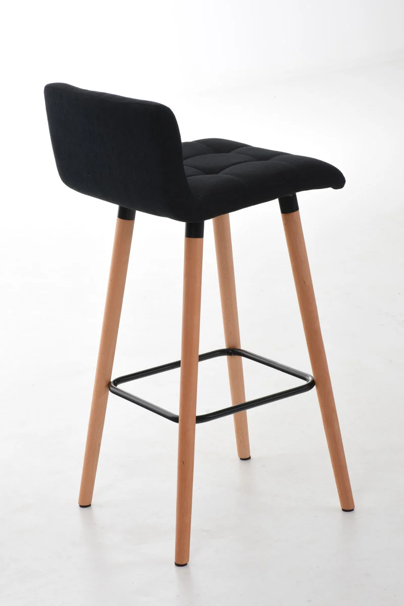 Tabouret de bar en tissu noir coutures décoratives pieds en bois avec repose-pieds 10_0000049