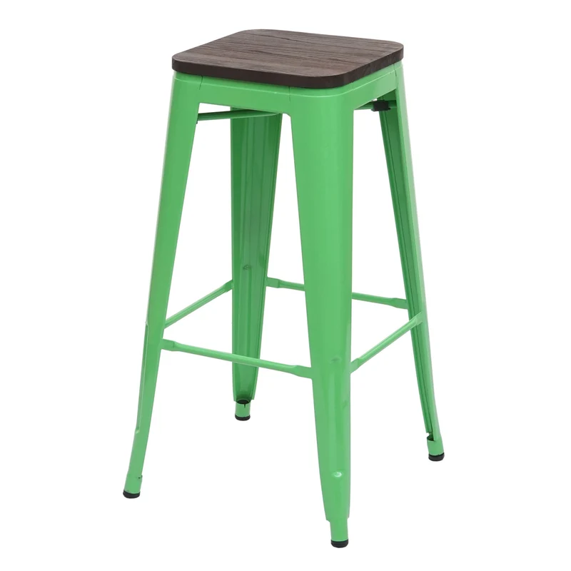 Lot de 4 tabourets de bar empilables style industriel assise en bois d’orme métal vert 04_0005221