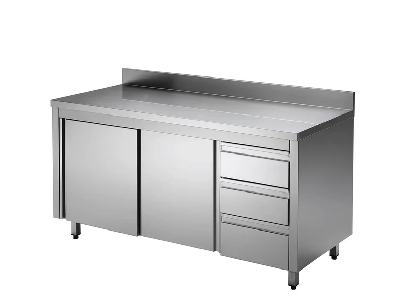 Armoire de travail ECO en inox avec porte coulissante et 3 tiroirs 20x7 avec dosseret / bloc de tiroirs à gauche