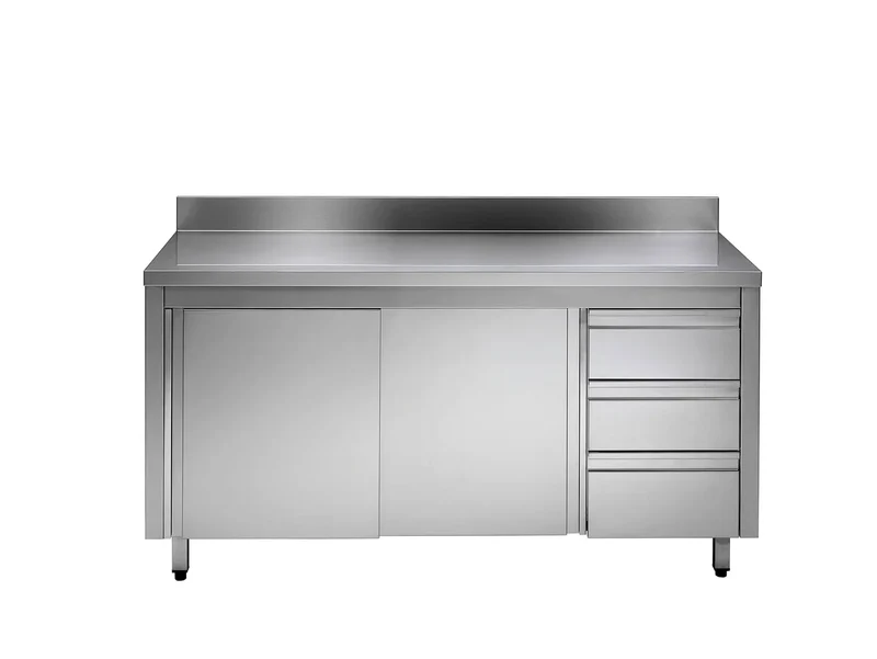 Armoire de travail ECO en inox avec porte coulissante et 3 tiroirs 20x7 avec dosseret / bloc de tiroirs à gauche