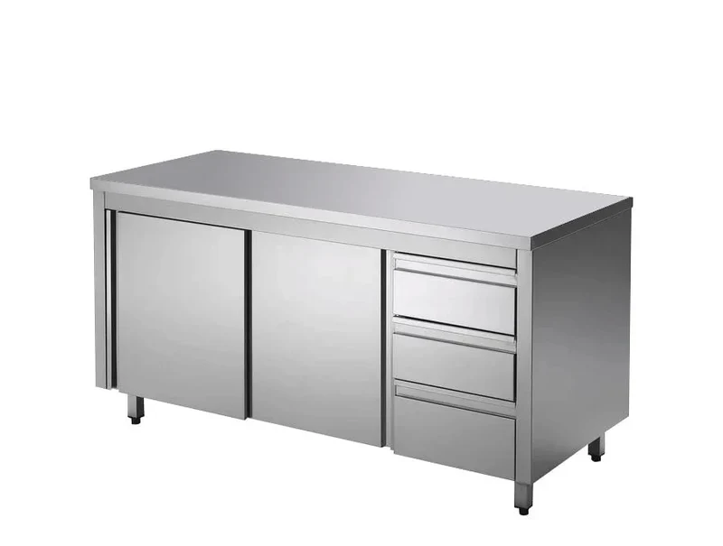 Armoire de travail ECO en inox avec porte coulissante et 3 tiroirs 16x7