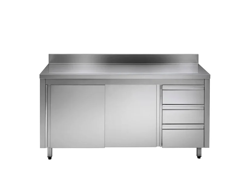 Armoire de travail en acier inoxydable ECO avec porte coulissante et 3 tiroirs 18x7 avec dosseret