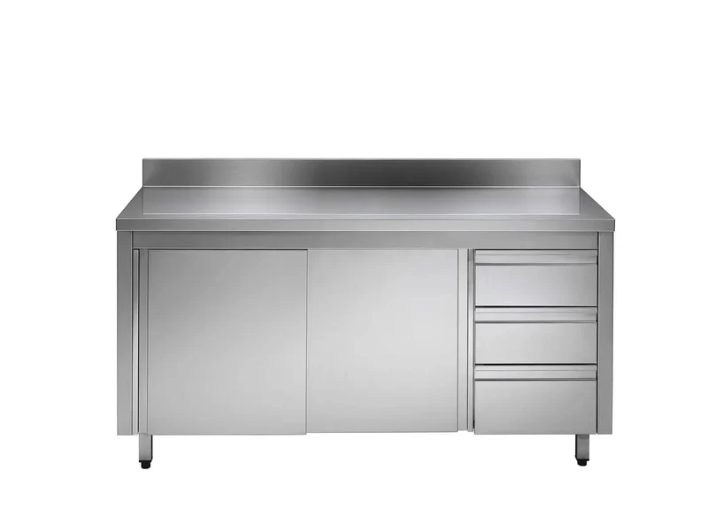 Armoire de travail en acier inoxydable ECO avec portes battantes et 3 tiroirs 14x7 avec dosseret