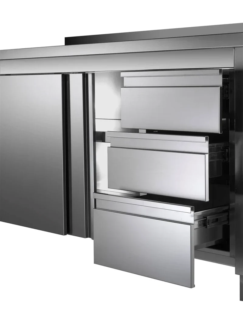 Armoire de travail en acier inoxydable ECO avec portes battantes et 3 tiroirs 14x7 avec dosseret