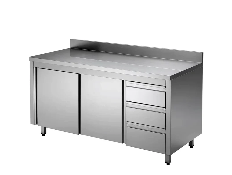 Armoire de travail en acier inoxydable ECO avec portes battantes et 3 tiroirs 12x6 avec dosseret