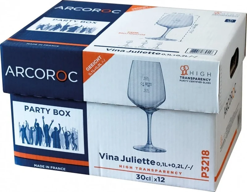 Verre à vin Arcoroc V. Juliette 30 cl avec traits de jauge à 0,1 et 0,2 l, boîte Party de 12