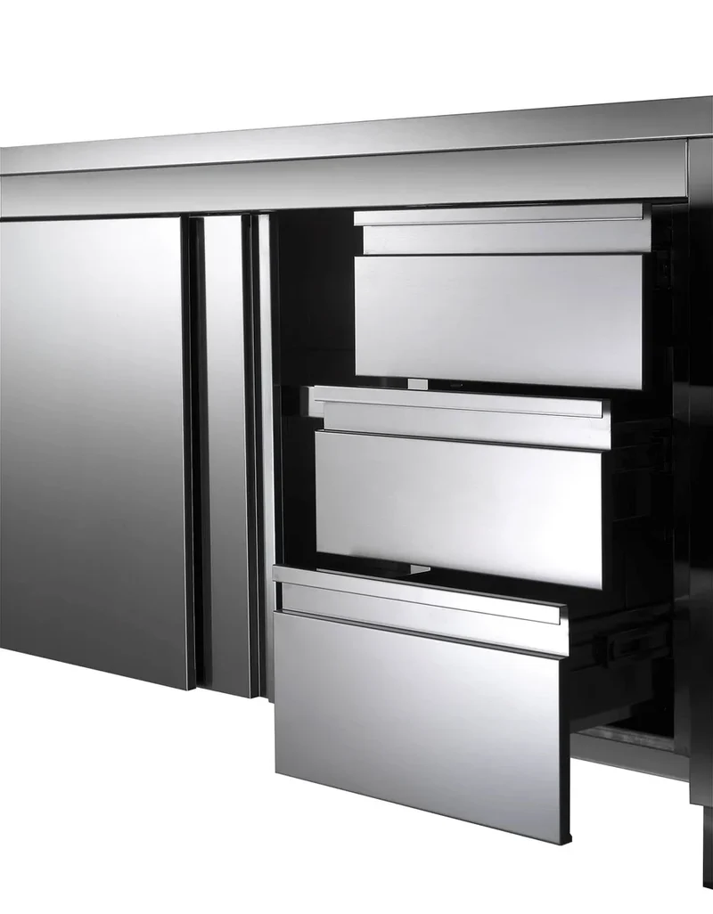 Armoire de travail en acier inoxydable ECO avec porte battante et 3 tiroirs 14x6
