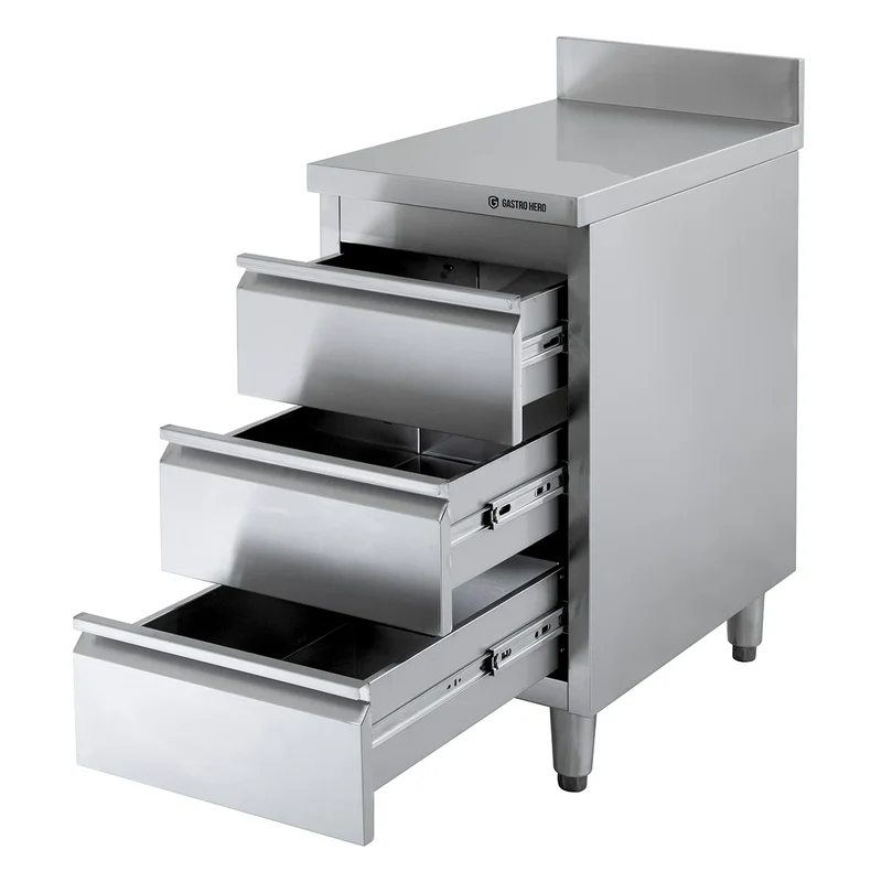 Meuble à tiroirs en inox BASIC, 3 tiroirs, unité 600 avec dosseret, AISI 201