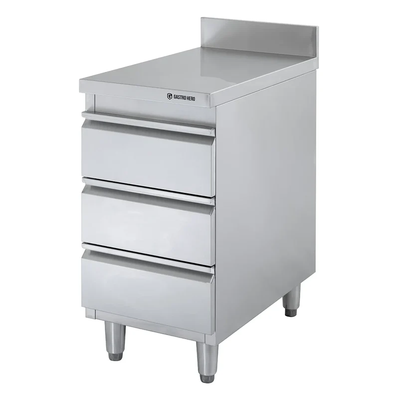 Meuble à tiroirs en inox BASIC, 3 tiroirs, unité 600 avec dosseret, AISI 201