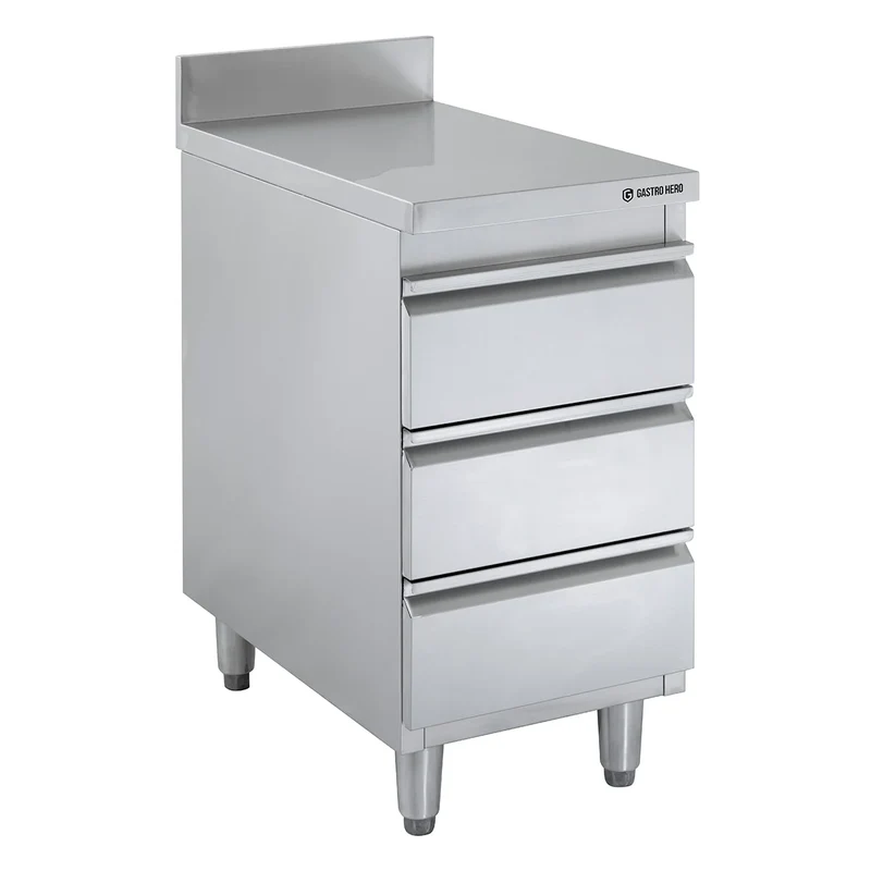 Meuble à tiroirs en acier inoxydable BASIC, 3 tiroirs, unité 700 avec dosseret, AISI 201
