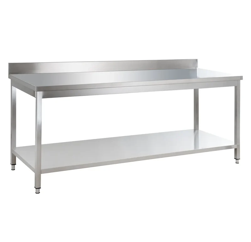 Table de travail en inox Basic 20x7 avec étagère inférieure et dosseret, à monter soi-même