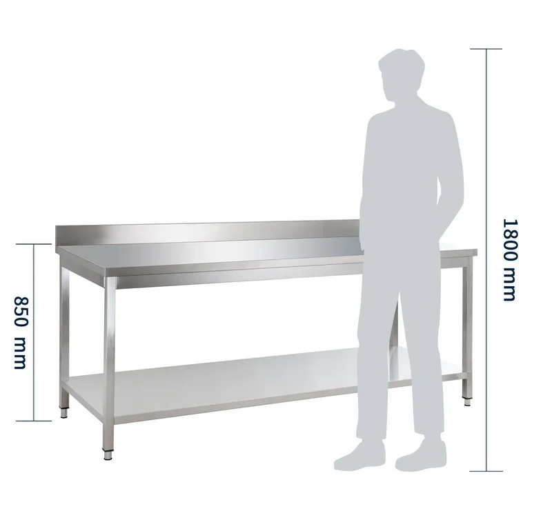 Table de travail en inox Basique 20x6 avec étagère inférieure et dosseret, à monter soi-même