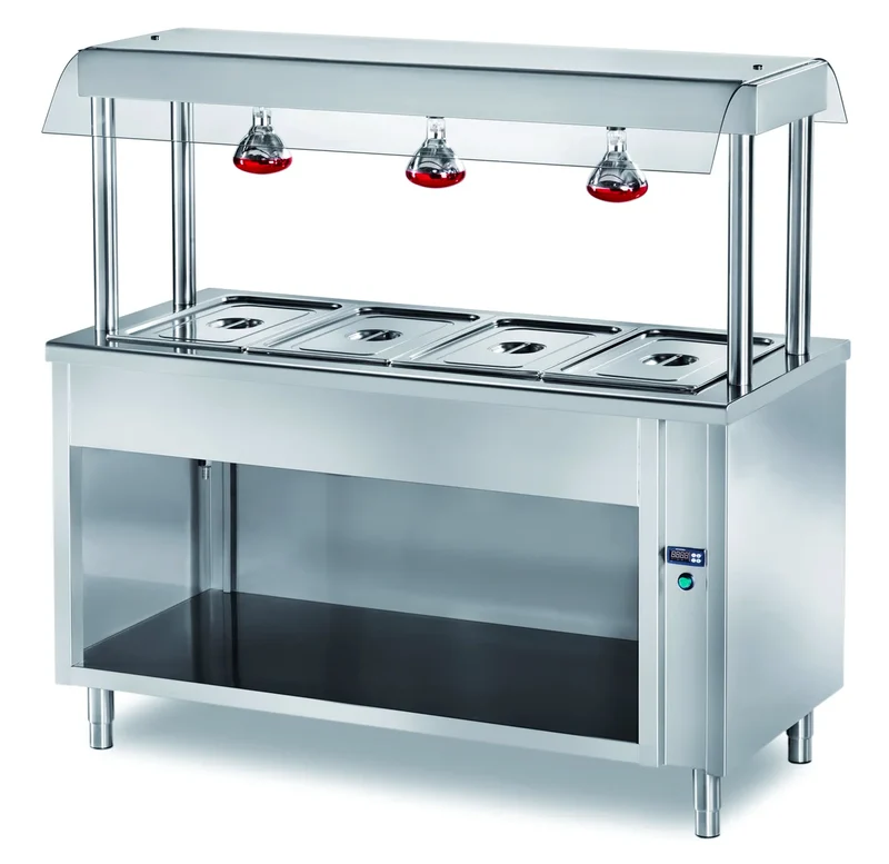 Îlot de buffet chauffant PROFI ouvert avec pare-haleine et lampes chauffantes 2000x700x1500 - 5x GN1/1