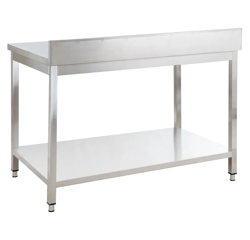 Table de travail en inox Basique 15x6 avec étagère inférieure et dosseret, à monter soi-même