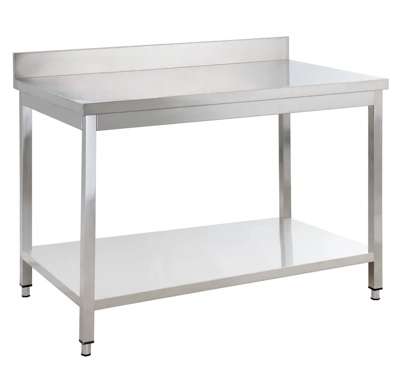Table de travail en inox Basique 14x6 avec étagère inférieure et dosseret, à monter soi-même
