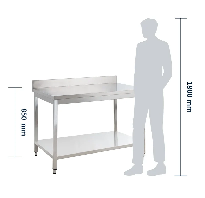 Table de travail en inox Basique 14x6 avec étagère inférieure et dosseret, à monter soi-même