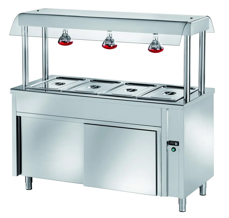 Îlot de buffet chauffant PROFI neutre avec portes coulissantes, pare-haleine et lampes chauffantes 1200x700x1500 - 3x GN1/1