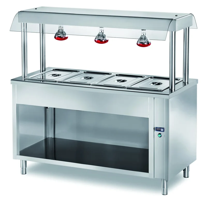 Îlot de buffet chauffant PROFI ouvert avec pare-haleine et lampes chauffantes 1200x700x1500 - 3x GN1/1
