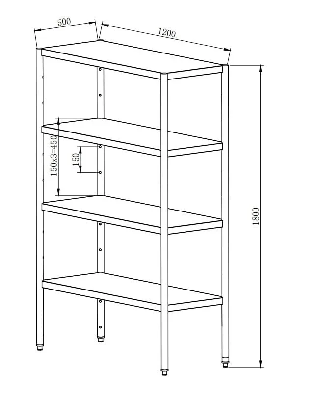 Étagère en inox AISI 201 Basic 1200x500x1800 mm, à monter soi-même
