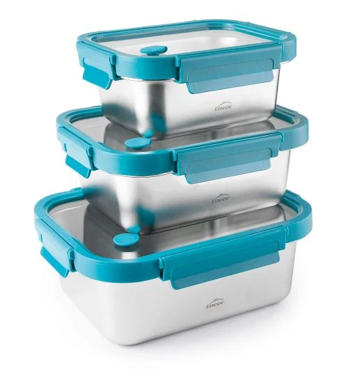 Lot de 3 boîtes inox hermétiques avec couvercle en verre