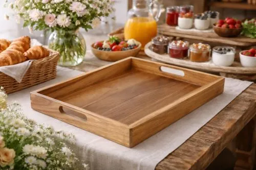 Plateau room service en acacia de style champêtre 45 X 35 cm