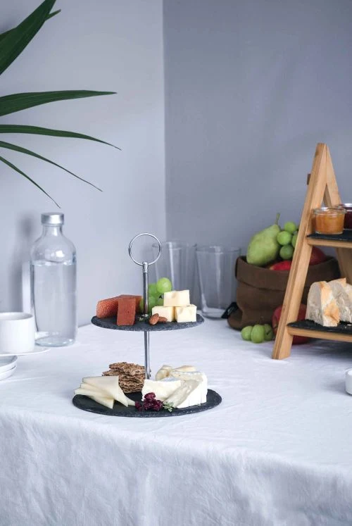 Présentoir 2 niveaux rond ou rectangulaire - Ardoise et bambou