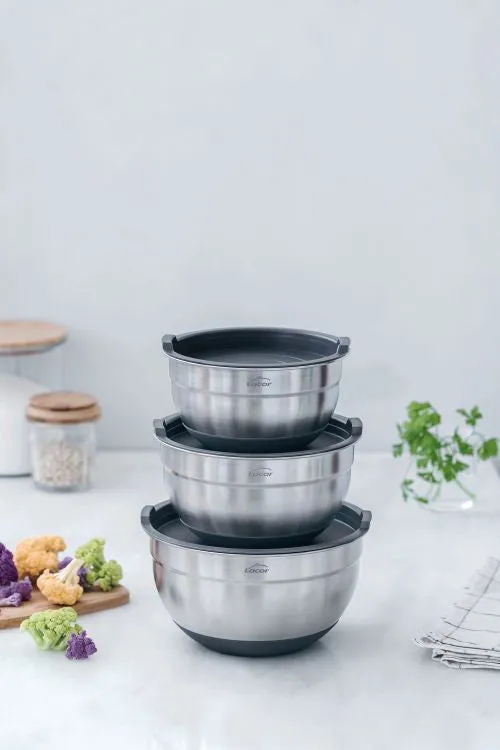 Lot de 3 bols inox empilables avec couvercles hermétiques – Fond antidérapant
