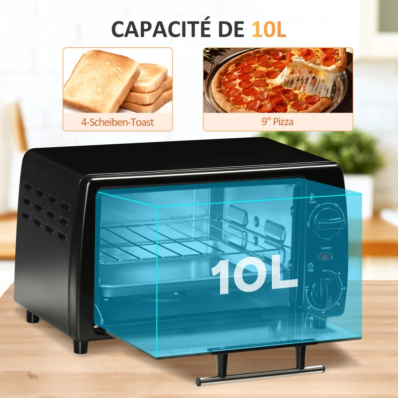 Mini four de table 10 l cuisson réglable minuteur 60 min 36,5x26x22 cm pizza 22 cm design moderne pratique en métal noir 21_0000934