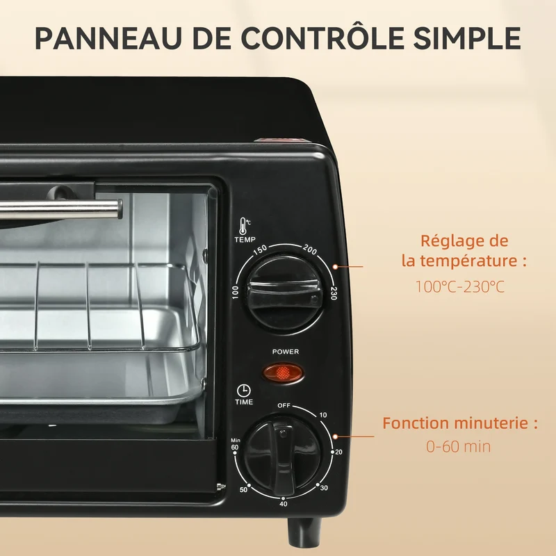 Mini four de table 10 l cuisson réglable minuteur 60 min 36,5x26x22 cm pizza 22 cm design moderne pratique en métal noir 21_0000934