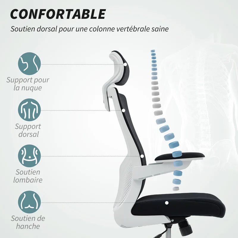 Chaise de bureau ergonomique 60 x 63 x 120 cm appui-tête réglable soutien lombaire design contemporain en maille noir 21_0006320