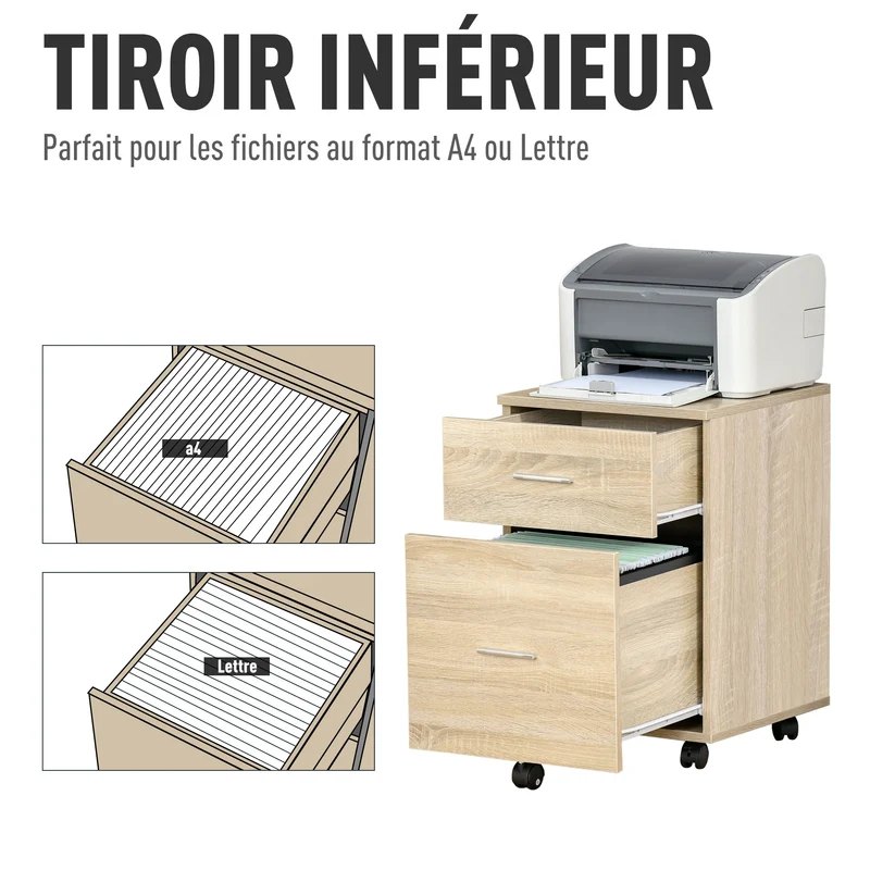 Caisson de bureau mobile 39,5 x 39 x 58,5 cm 2 tiroirs compact roulettes moderne pratique en panneau de particules chêne 21_0006381