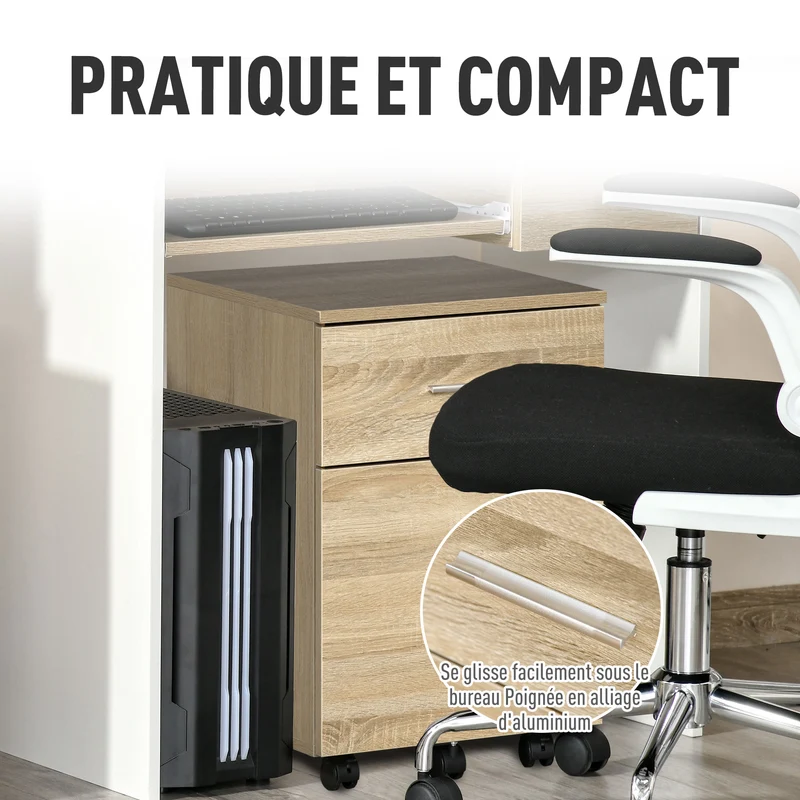 Caisson de bureau mobile 39,5 x 39 x 58,5 cm 2 tiroirs compact roulettes moderne pratique en panneau de particules chêne 21_0006381