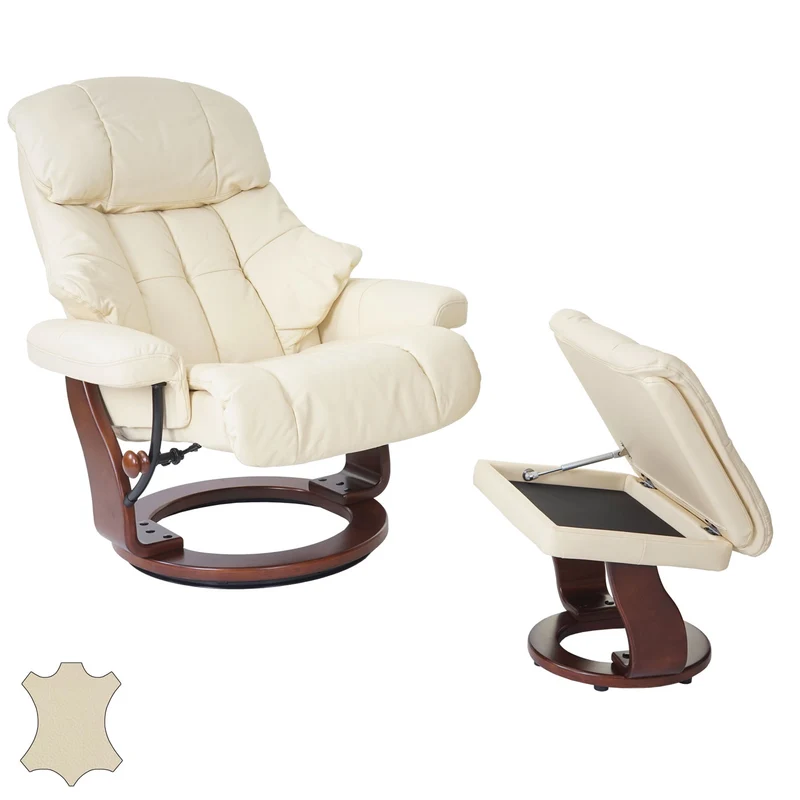 Fauteuil de relaxation TV repose-pieds avec compartiment rangement en cuir véritable crème 04_0003663